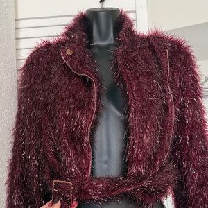 Holiday Burgundy Fuzzy Fur Jacket w|Belt